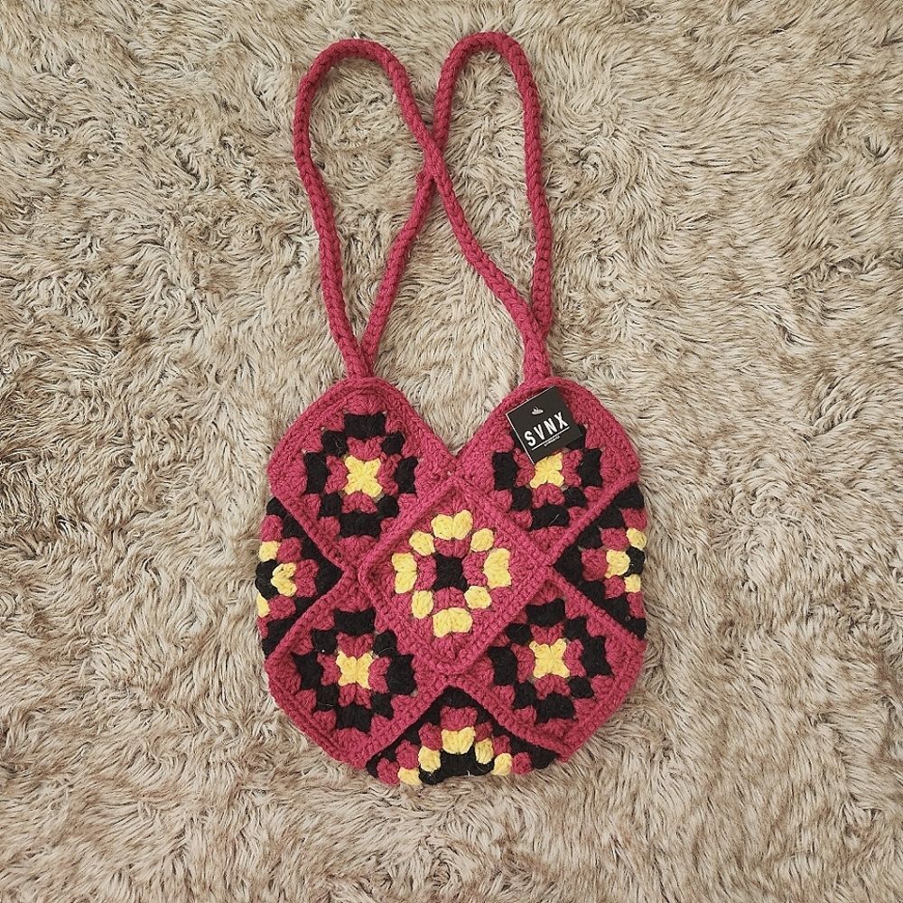 SVNX Crochet Granny Square‎ Shoulder Bag Pink and Black NWT